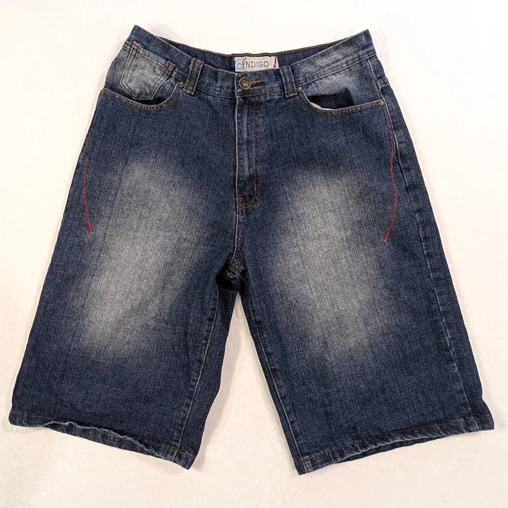 Indigo 30 Mens Baggy Skate Shorts | Embroidered Back Pockets | Y2K Streetwear 36